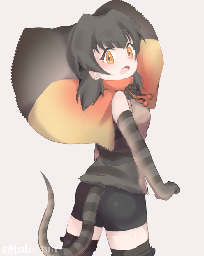 1girl, artist_name, back, blush, brown_hair, frilled_lizard_(kemono_friends), gloves, grey_background