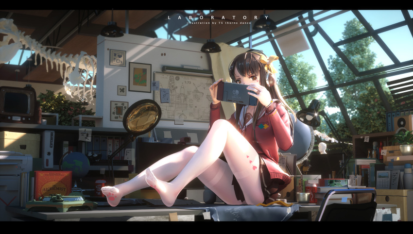 1girl, antennae, between_legs, blanket, blue_sky, book, bookshelf, bottle