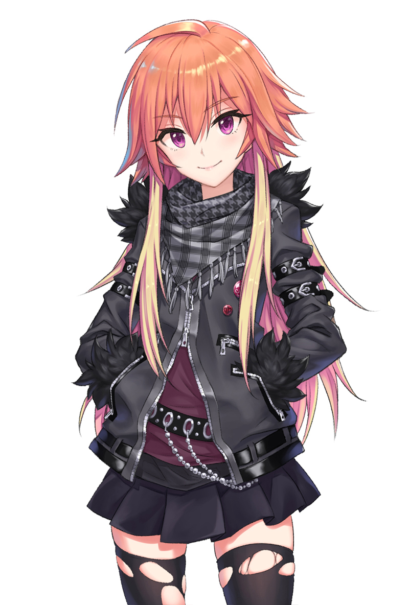 1girl, arm_belt, badge, black_jacket, black_scarf, black_skirt, blonde_hair, blush