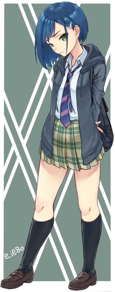 1girl, arms_behind_back, artist_name, backpack, bag, black_jacket, black_legwear, blue_hair