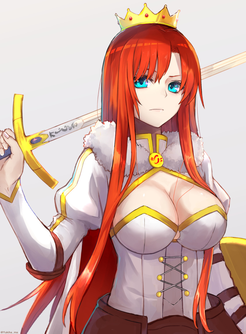 1girl, bangs, between_breasts, blue_eyes, boudica_(fate/grand_order), breasts, cape, cleavage