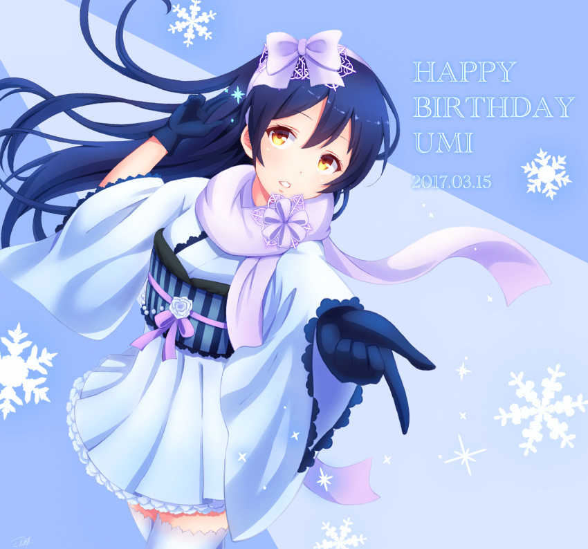 1girl, bangs, birthday, blue_gloves, blue_hair, blush, character_name, commentary_request