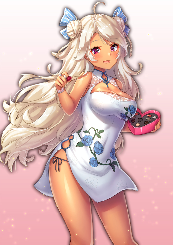 1girl, :d, ahoge, azur_lane, bangs, bare_arms, bare_shoulders, black_ribbon
