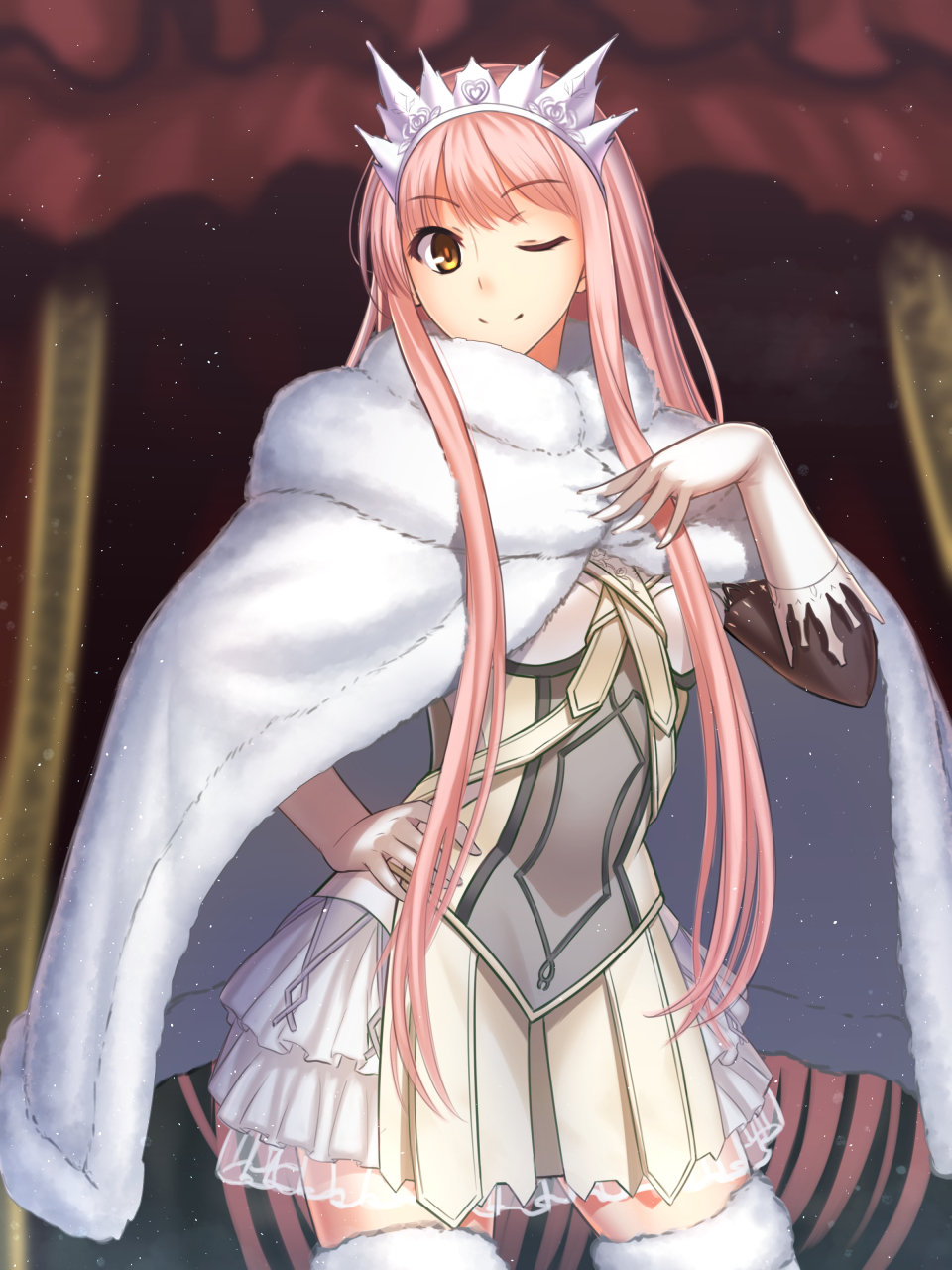 1girl, bangs, blurry, blurry_background, cloak, closed_mouth, commentary_request, contrapposto