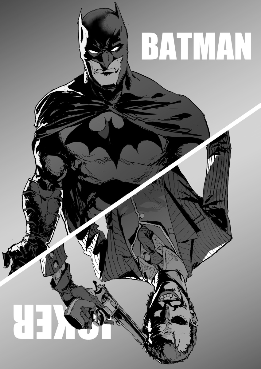 2boys, absurdres, batman, batman_(series), cape, character_name, dc_comics, formal