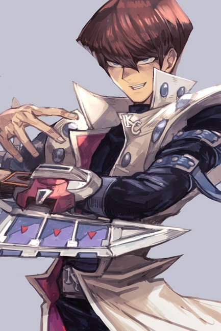 1boy, bangs, blue_eyes, brown_hair, card, deck, duel_disk, grin