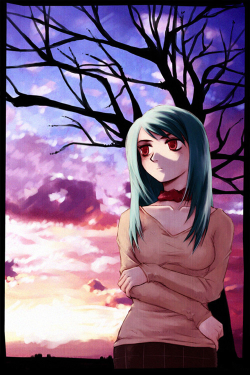 breasts, choker, cleavage, cloud, clouds, crossed_arms, day, fall