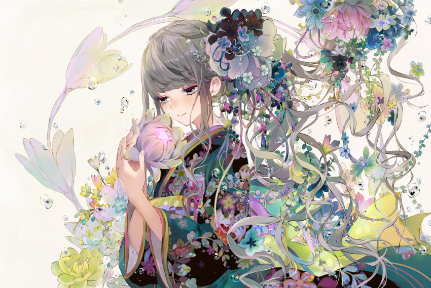 1girl, bangs, blunt_bangs, blush, braid, checkered, closed_mouth, flower