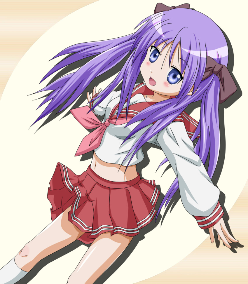 blush, dutch_angle, highres, hiiragi_kagami, kneehighs, long_hair, lucky_star, midriff, navel, purple_hair, school_uniform, skirt, socks, takumi_(pixiv_41899), takumi_(rozen_garten), twintails