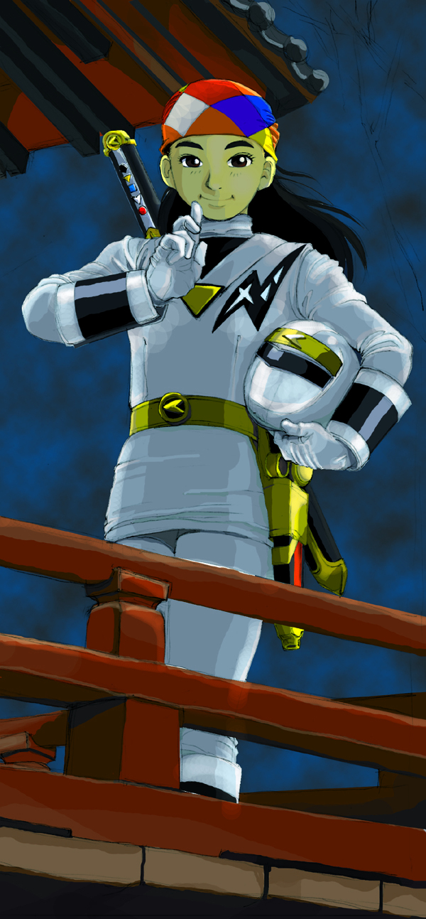 1girl, bodysuit, breasts, commentary_request, graphite_(medium), helmet, highres, ka_l_tonosama, long_hair, ninja_sentai_kakuranger, ninja_white, solo, super_sentai, traditional_media, tsuruhime_(kakuranger)
