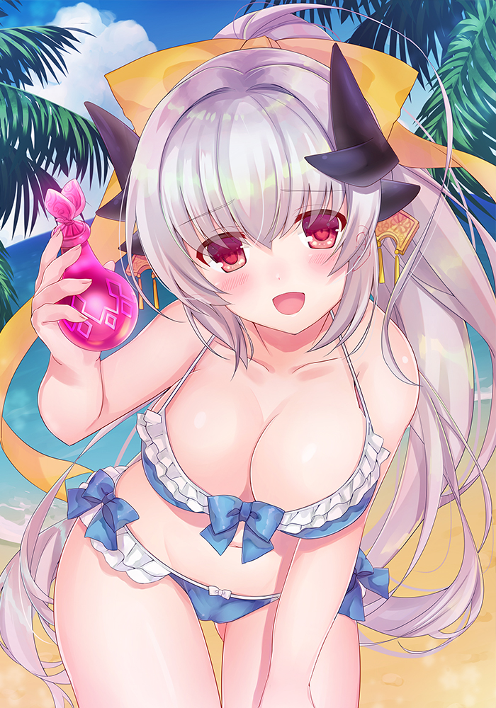 1girl, :d, bare_arms, bare_shoulders, beach, bikini, blue_bikini, blue_bow