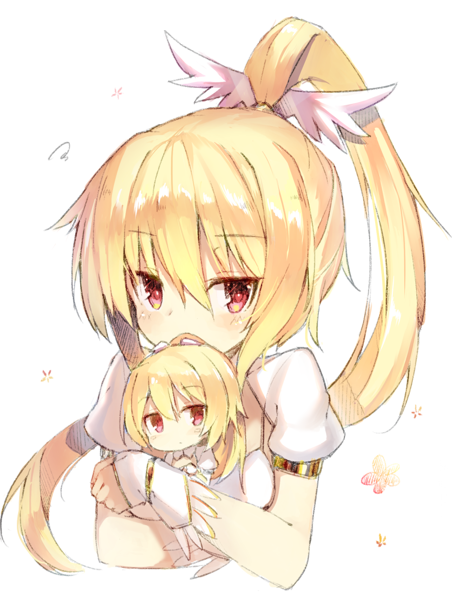 1girl, :/, blonde_hair, blush, character_doll, closed_mouth, cropped_torso, eyebrows_visible_through_hair