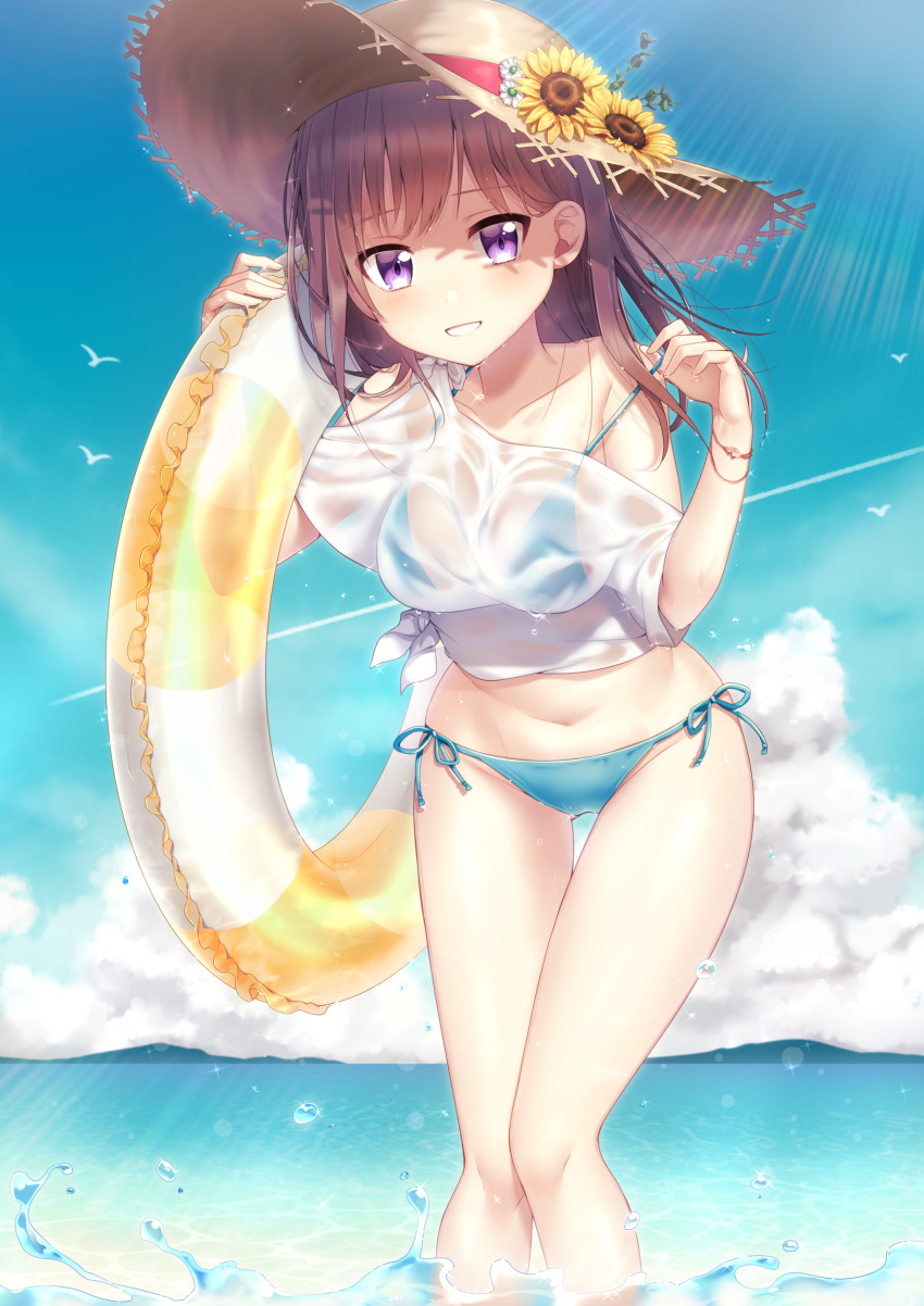 1girl, absurdres, bangs, bare_legs, bare_shoulders, bikini, bikini_under_clothes, bird