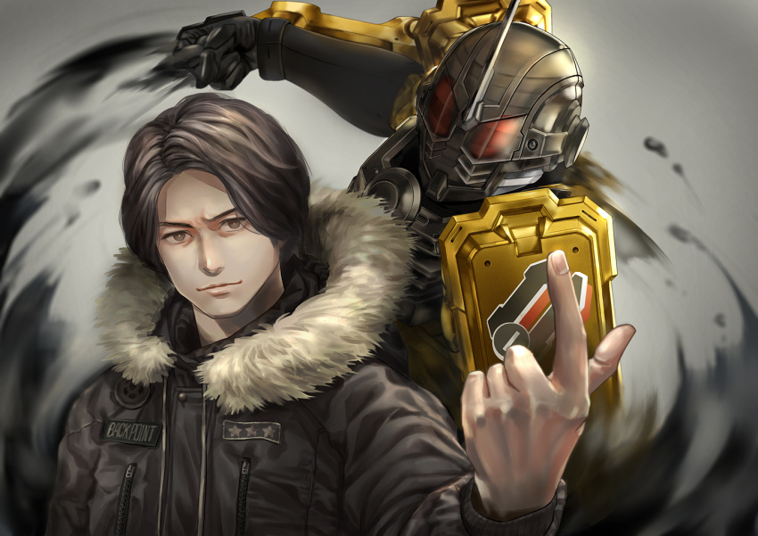 brown_eyes, brown_hair, clenched_hand, coat, commentary_request, dual_persona, fur_trim, hooded_coat