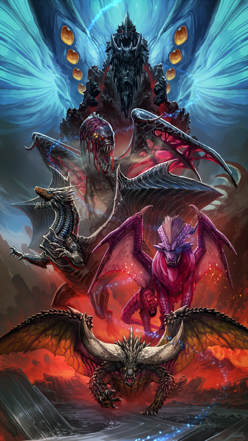 blue_eyes, closed_mouth, dragon, extra_ears, fur, giant, glowing, glowing_eyes