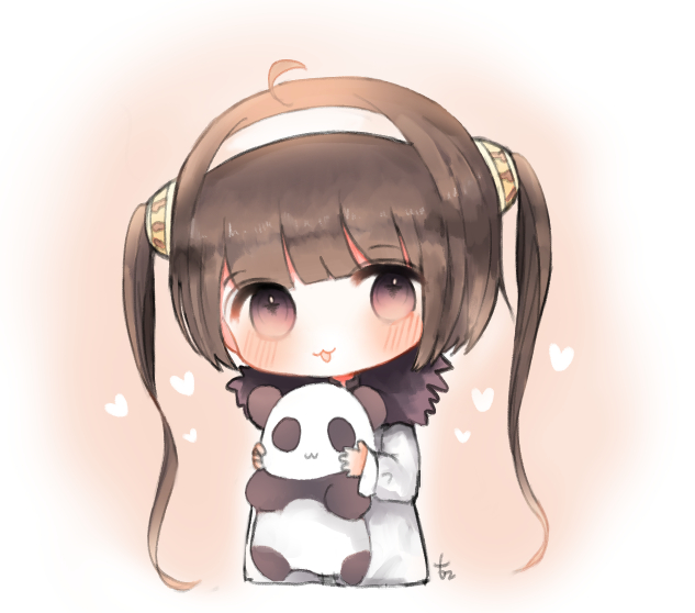 1girl, :3, :d, ahoge, azur_lane, bangs, blush, brown_eyes, brown_hair, chibi, cottontailtokki, eyebrows_visible_through_hair, fur-trimmed_jacket, fur_trim, hairband, hairpods, heart, holding, holding_stuffed_animal, jacket, long_hair, long_sleeves, looking_at_viewer, open_mouth, ping_hai_(azur_lane), sidelocks, signature, smile, solo, stuffed_animal, stuffed_panda, stuffed_toy, twintails, upper_body, very_long_hair, white_hairband, white_jacket