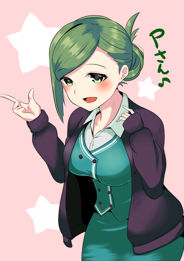 1girl, asymmetrical_hair, blush, breasts, buttons, cardigan, folded_ponytail, formal