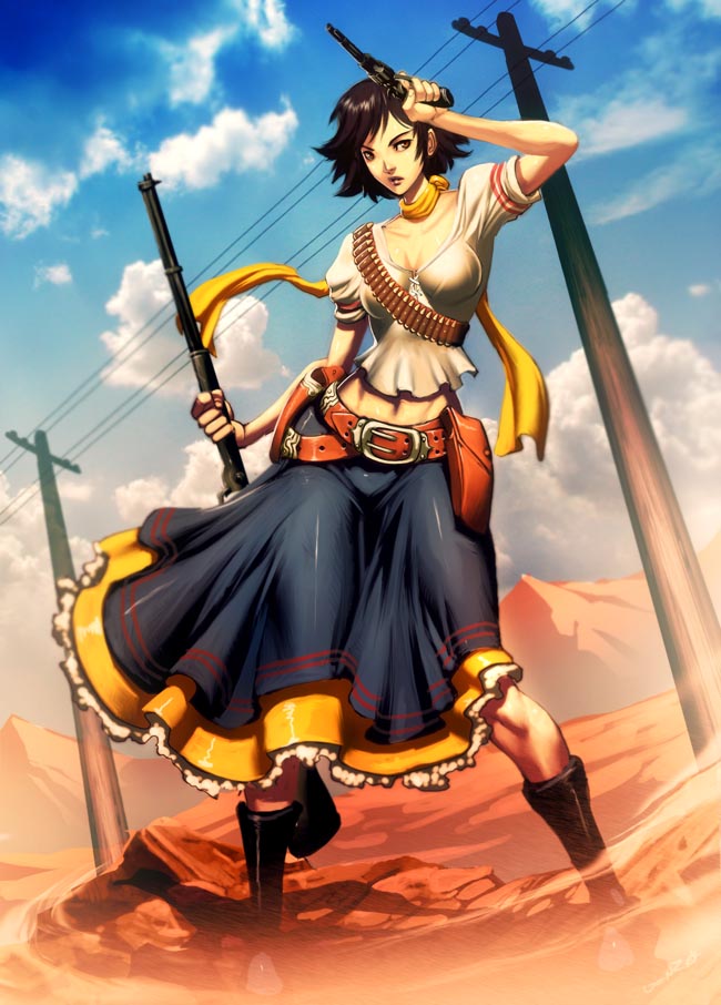 adelita_(bandolier_woman), bandolier, belt, boots, commentary, desert, genzoman, gun, handgun, lips, long_skirt, mexican, mexican_revolution, mexico, midriff, original, pistol, revolver, rifle, scarf, telegraph, telegraph_lines, weapon, western