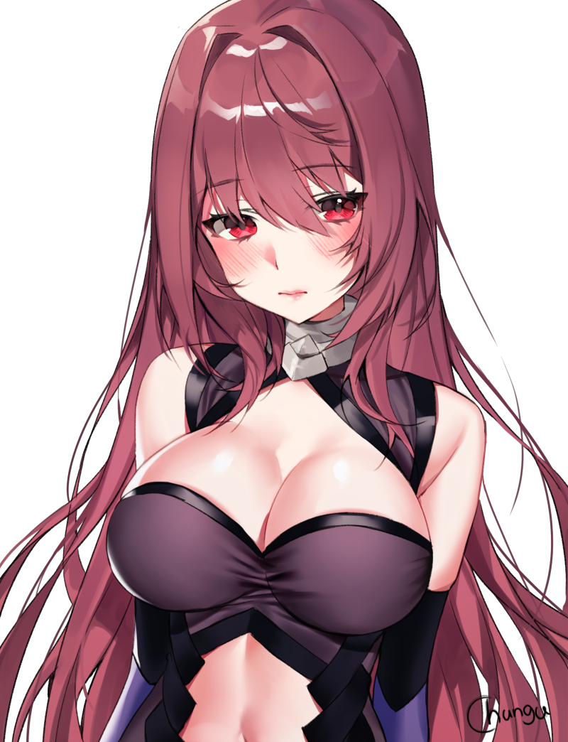 1girl, artist_name, bare_shoulders, black_gloves, blush, breasts, chungu, cleavage