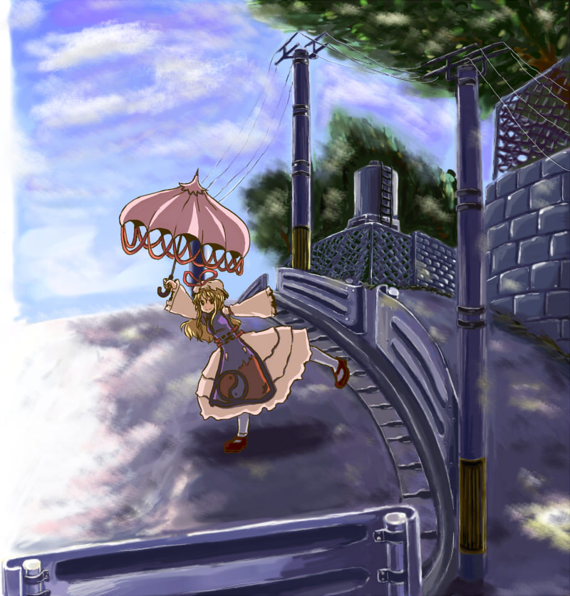 ameimo, bad_proportions, contemporary, power_lines, shade, smile, solo, standing_on_one_leg