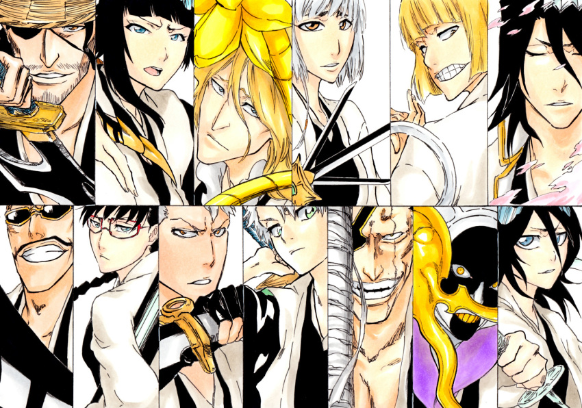 4girls, 6+boys, :<, aqua_eyes, aridou, asymmetrical_hair, black_hair, bleach