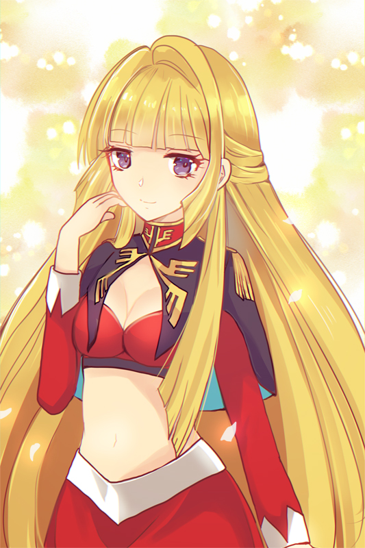 1girl, blonde_hair, breasts, cleavage, closed_mouth, commentary_request, crop_top, gundam