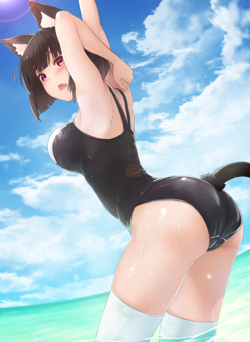 1girl, animal_ears, ass, azur_lane, bangs, black_hair, blunt_bangs, blush