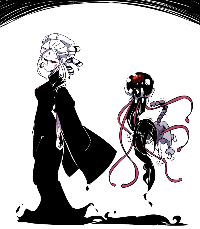 1boy, 1girl, angry, black_hair, black_sclera, child, dress, earrings
