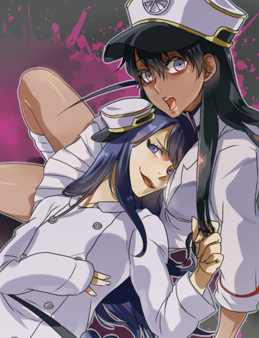 1boy, 1girl, :o, androgynous, anko_(tkg0705), bambietta_basterbine, bare_legs, between_breasts