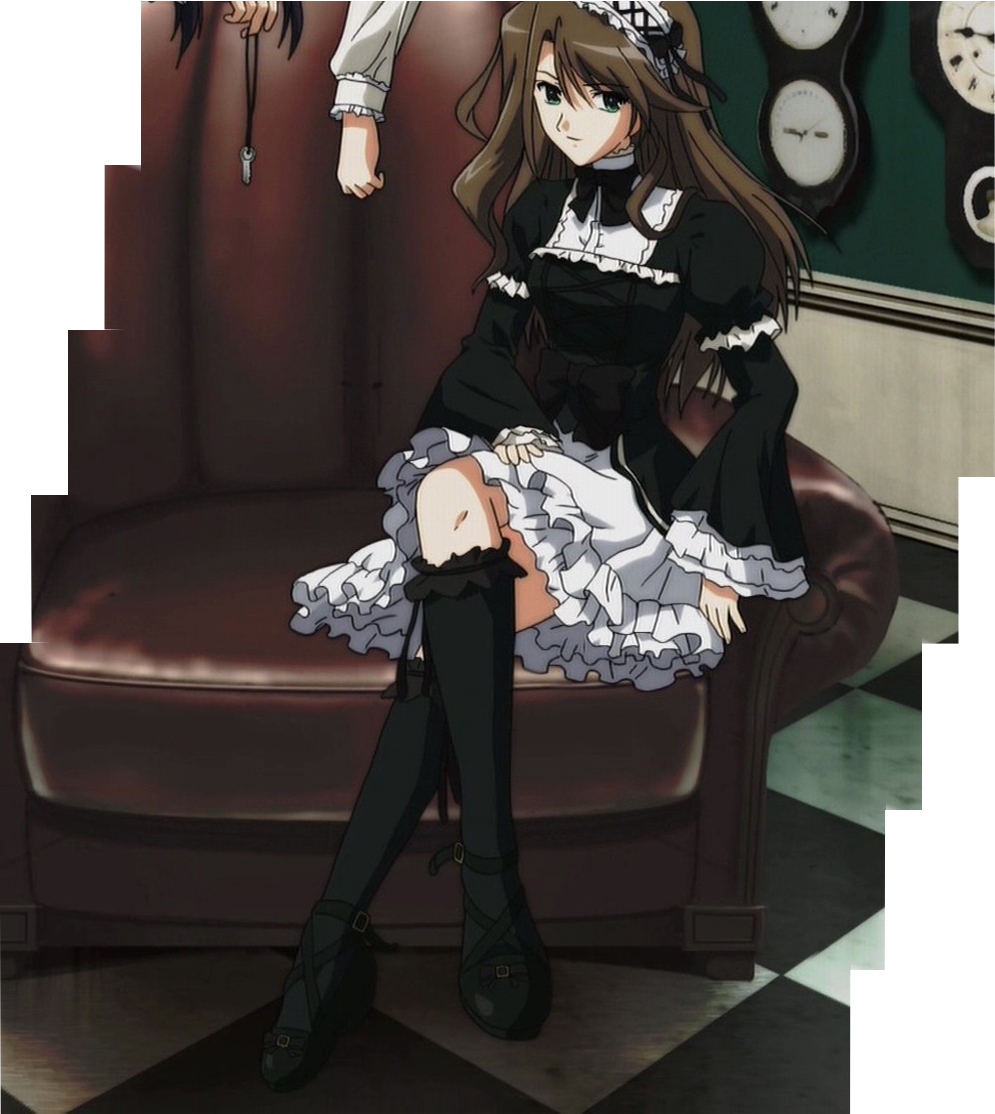 belts, black_dress, bow, brown_hair, cap, dress, frills, frilly_skirt