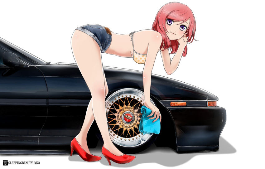 1girl, bent_over, bikini, bikini_top, car, denim, denim_shorts, ground_vehicle, hair_tucking, high_heels, highres, looking_at_viewer, love_live!, love_live!_school_idol_project, motor_vehicle, nishikino_maki, redhead, short_shorts, shorts, smile, sweeter_(h110111), swimsuit, toyota_supra, violet_eyes, wiping