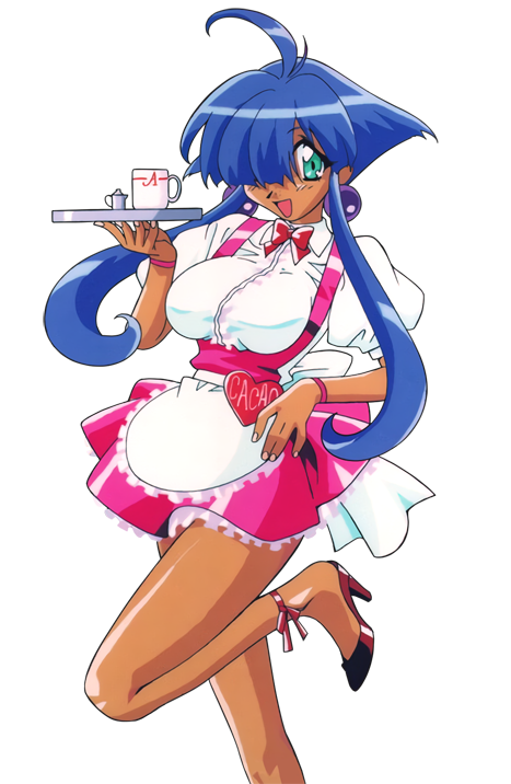 1girl, 90s, ahoge, aqua_eyes, blue_hair, cacao_(lamune), character_name, clothes_writing, cup, dark_skin, earrings, forearms_at_chest, hair_over_one_eye, holding, holding_tray, jewelry, kotobuki_tsukasa, leg_up, long_hair, looking_at_viewer, official_art, open_mouth, puffy_sleeves, red_footwear, short_sleeves, sidelocks, skirt, solo, transparent_background, tray, underbust, vs_knight_lamune_&amp;_40_fire, waitress, wristband