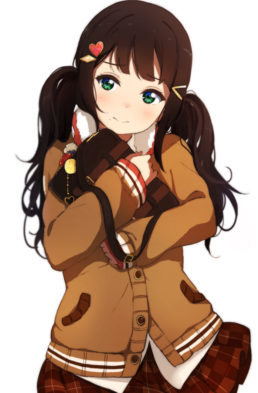 1girl, alternate_hairstyle, bag, bag_charm, bangs, black_hair, brown_cardigan, brown_skirt, charm_(object), clenched_hands, earmuffs, earmuffs_around_neck, green_eyes, hair_ornament, hairclip, heart, heart_hair_ornament, highres, icehotmilktea, kurosawa_dia, long_hair, love_live!, love_live!_school_idol_festival, love_live!_sunshine!!, miniskirt, mole, mole_under_mouth, nervous_smile, object_hug, pleated_skirt, school_bag, school_uniform, simple_background, skirt, sleeves_past_wrists, solo, twintails, white_background