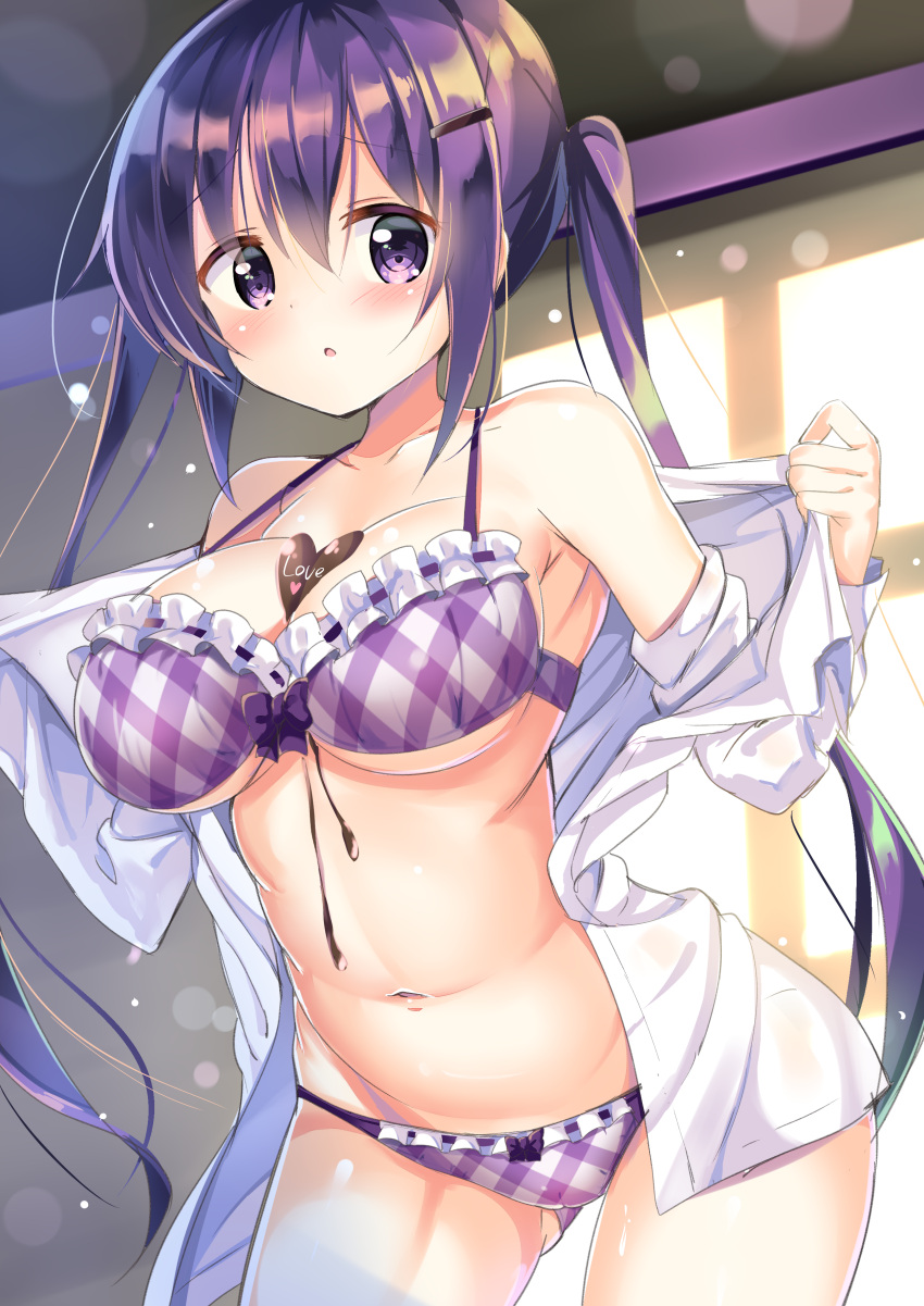 1girl, :o, absurdres, bangs, bare_shoulders, blush, bow, bow_bra