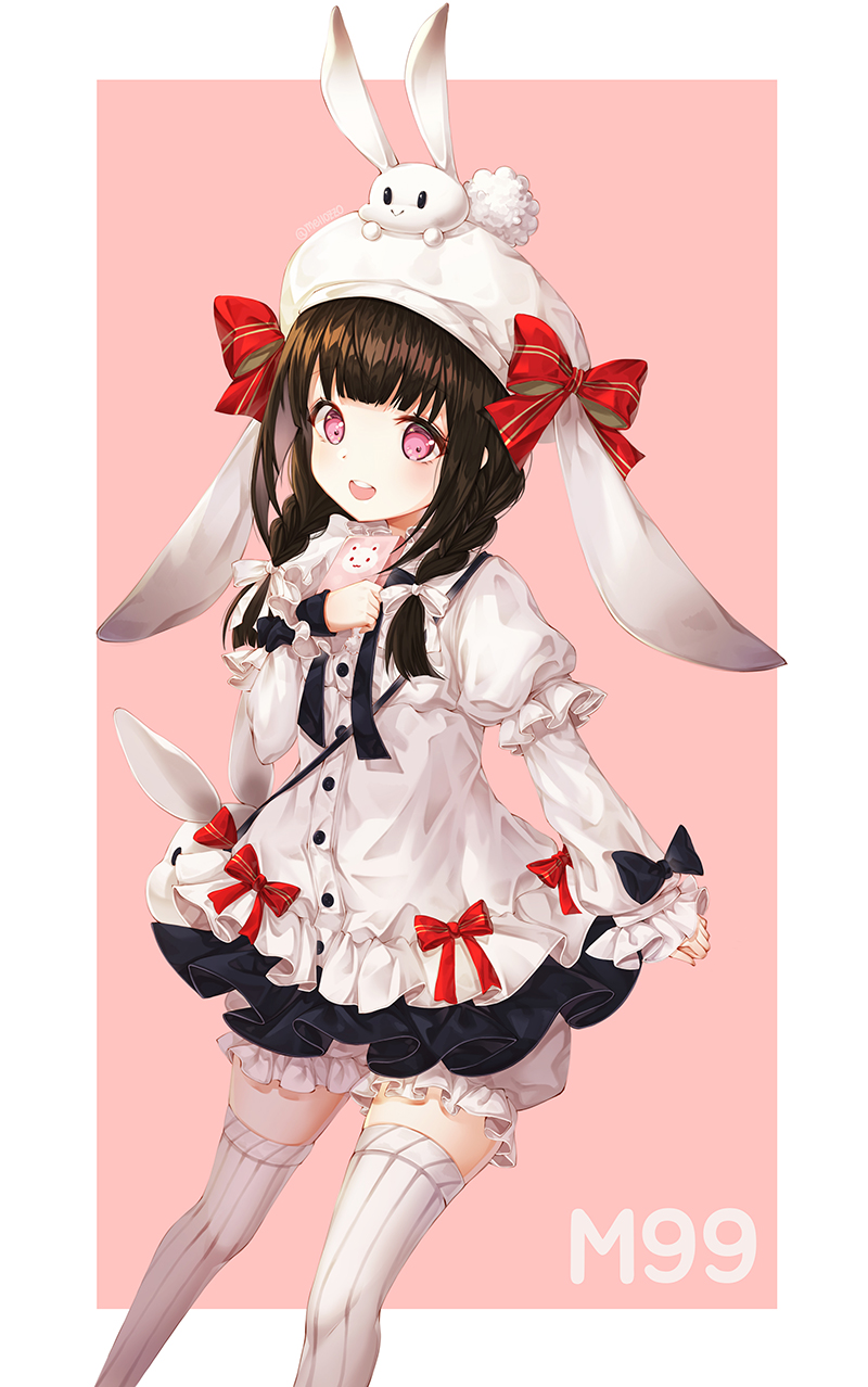 1girl, :>, :d, animal, animal_bag, animal_ears, animal_hat, animal_on_head