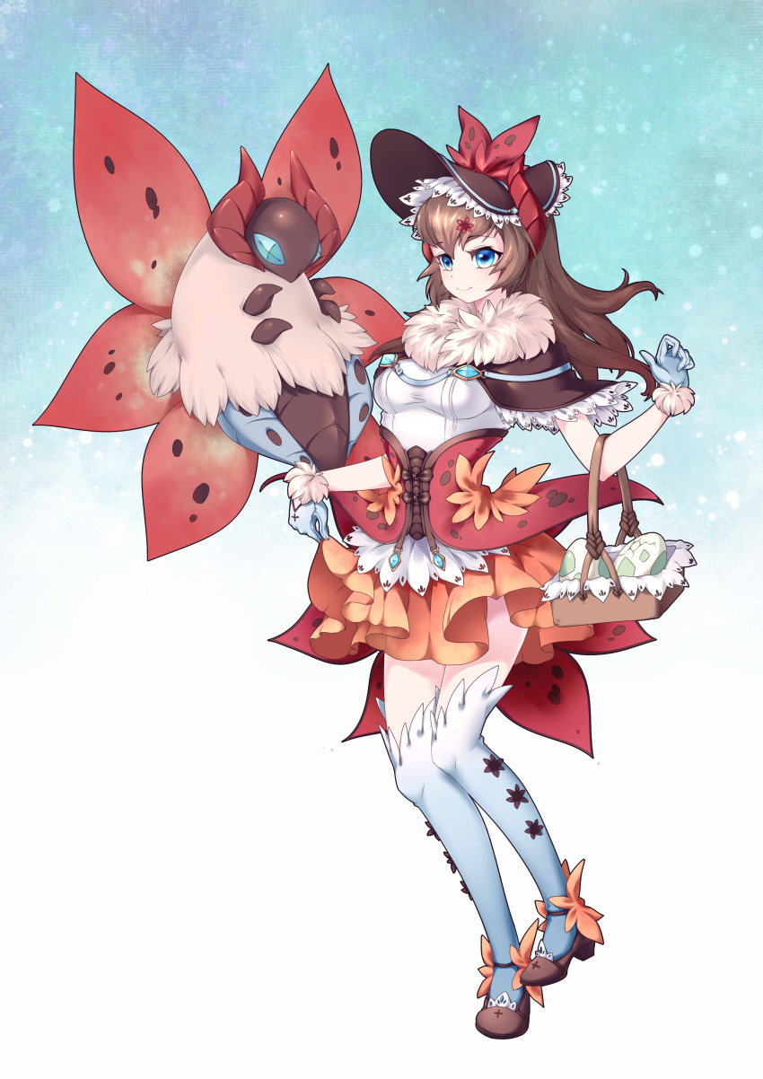 1girl, absurdres, akumashin, basket, black_hat, blue_background, blue_eyes, blue_gloves