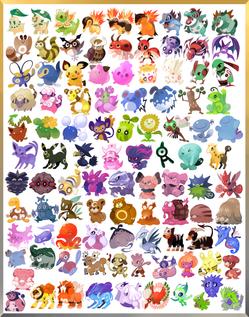 aipom, ampharos, ariados, azumarill, bayleef, bear, bellossom, bird, blissey, blonde_hair, blue_eyes, blue_skin, border, celebi, chikorita, chinchou, cleffa, clenched_hand, commentary, corsola, crescent, crobat, croconaw, cyndaquil, delibird, dog, donphan, dunsparce, elekid, entei, espeon, everyone, fangs, feraligatr, fiery_tail, fire, flaaffy, flaming_hair, flower, forretress, furret, girafarig, gligar, glitchedpuppet, granbull, gray_border, green_skin, grin, hair_flower, hair_ornament, hands_up, heracross, highres, hitmontop, ho-oh, hoothoot, hoppip, horns, houndoom, houndour, igglybuff, jumpluff, kingdra, lanturn, larvitar, ledian, ledyba, looking_at_viewer, looking_away, lugia, magby, magcargo, mantine, mareep, marill, meganium, miltank, misdreavus, monkey, murkrow, natu, no_humans, noctowl, octillery, orange_border, orange_eyes, outstretched_arms, paint, phanpy, pichu, piloswine, pineco, pink_skin, pokemon, pokemon_(creature), pokemon_(game), pokemon_gsc, politoed, porygon2, pupitar, purple_hair, quagsire, quilava, qwilfish, raikou, remoraid, scizor, sentret, shuckle, simple_background, skarmory, skiploom, slowking, slugma, smeargle, smile, smoochum, sneasel, snubbull, spider, spinarak, stantler, steelix, sudowoodo, suicune, sunflora, sunkern, swinub, teddiursa, togepi, togetic, totodile, tusks, typhlosion, tyranitar, tyrogue, umbreon, unown, upside-down, ursaring, white_background, wobbuffet, wooper, xatu, yanma