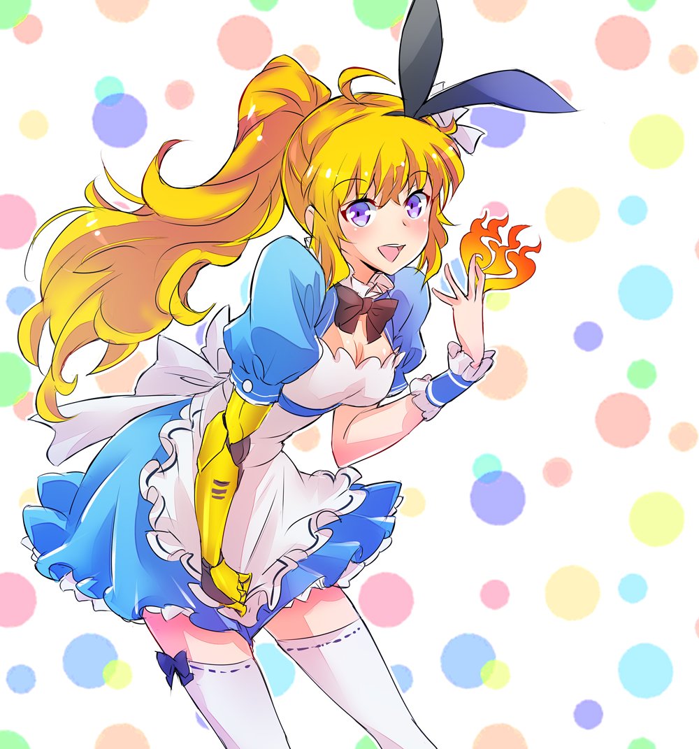 1girl, blonde_hair, breasts, cleavage, cleavage_cutout, commentary, goldilocks, goldilocks_and_the_three_bears, iesupa, polka_dot, polka_dot_background, prosthesis, prosthetic_arm, rwby, solo, thigh-highs, violet_eyes, yang_xiao_long