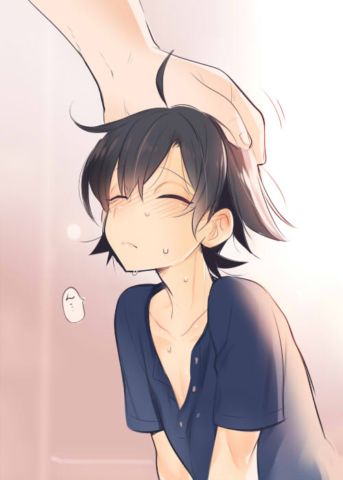 1boy, ahoge, black_hair, blush, closed_eyes, cr-r, hikigaya_hachiman, male_focus