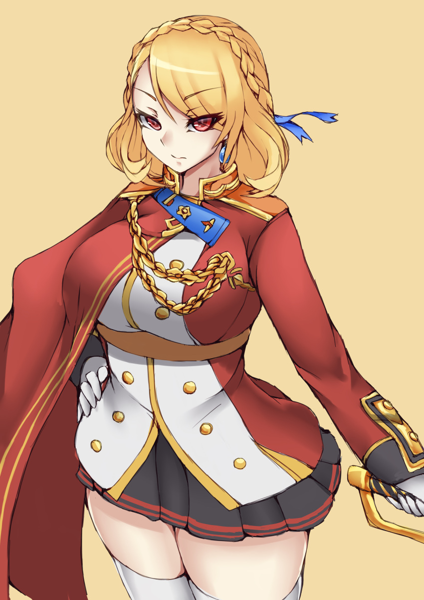 1girl, absurdres, azur_lane, blonde_hair, breasts, cape, cowboy_shot, earrings, eyebrows_visible_through_hair, gloves, hand_on_hip, highres, jewelry, kiramashi_(satsujinki), large_breasts, prince_of_wales_(azur_lane), red_eyes, sketch, solo, tan_background, thigh-highs, thighs, uniform, white_gloves, white_legwear, zettai_ryouiki