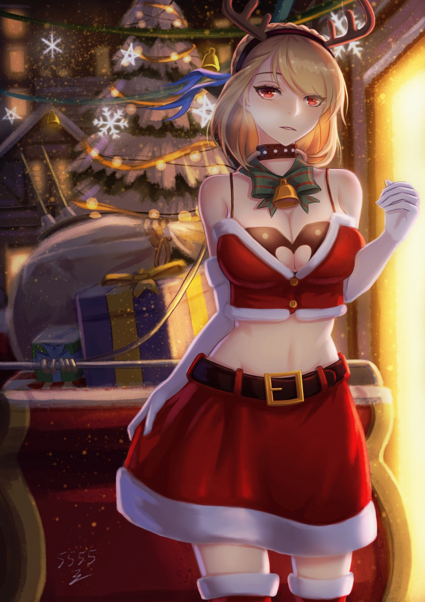 1girl, 5555_96, antlers, azur_lane, blonde_hair, breasts, choker, christmas