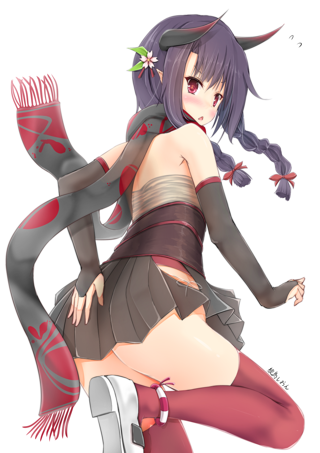 1girl, azur_lane, bangs, bare_back, bare_shoulders, black_skirt, blush, braid