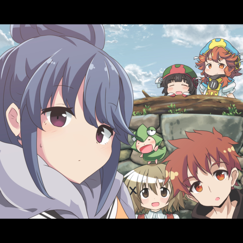 4girls, :d, blue_hair, blue_sky, blush, brown_eyes, buttons, closed_eyes