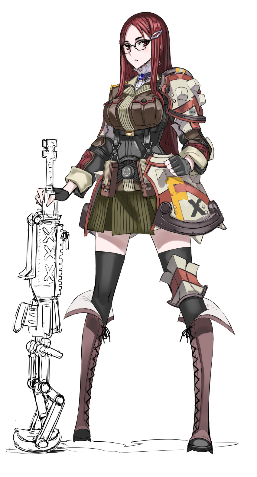 1girl, absurdres, armor, black_legwear, boots, breasts, commentary_request, full_body