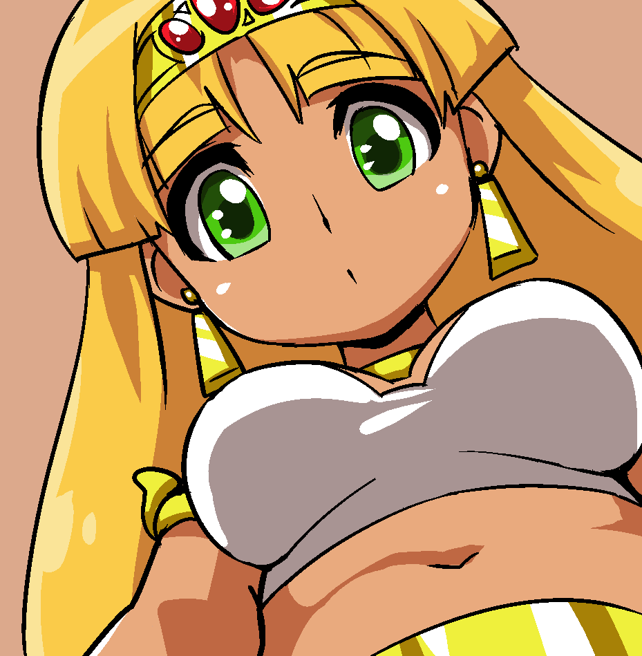 1girl, blonde_hair, breasts, brown_background, claire_(hihouden), dark_skin, earrings, eyebrows