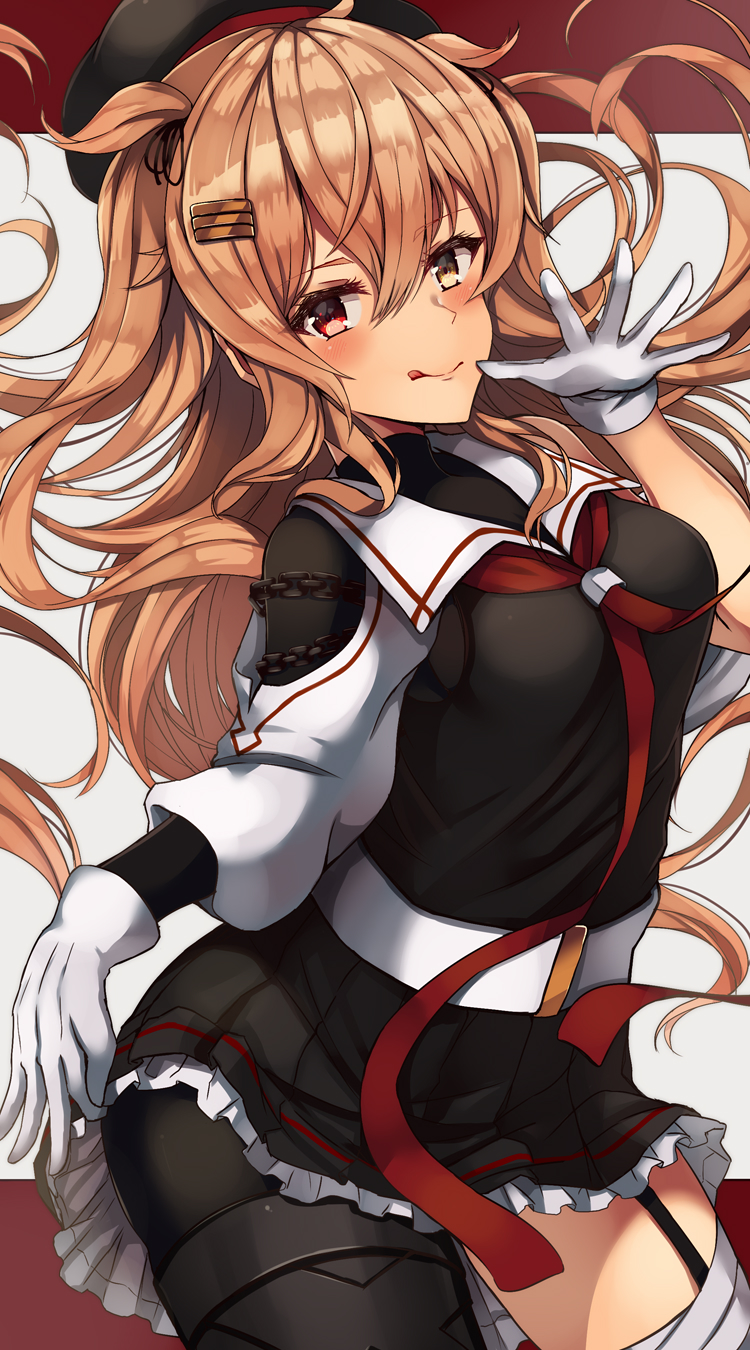 1girl, :q, asymmetrical_clothes, beret, black_serafuku, black_skirt, brown_eyes, chains