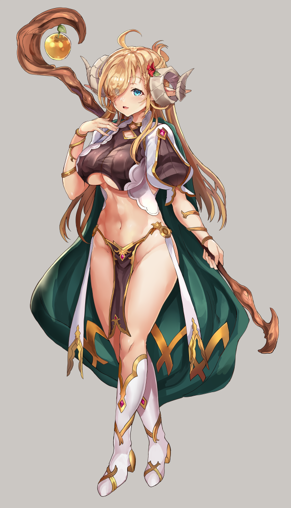 1girl, apple, bangs, blonde_hair, blue_eyes, breasts, cape, commentary_request