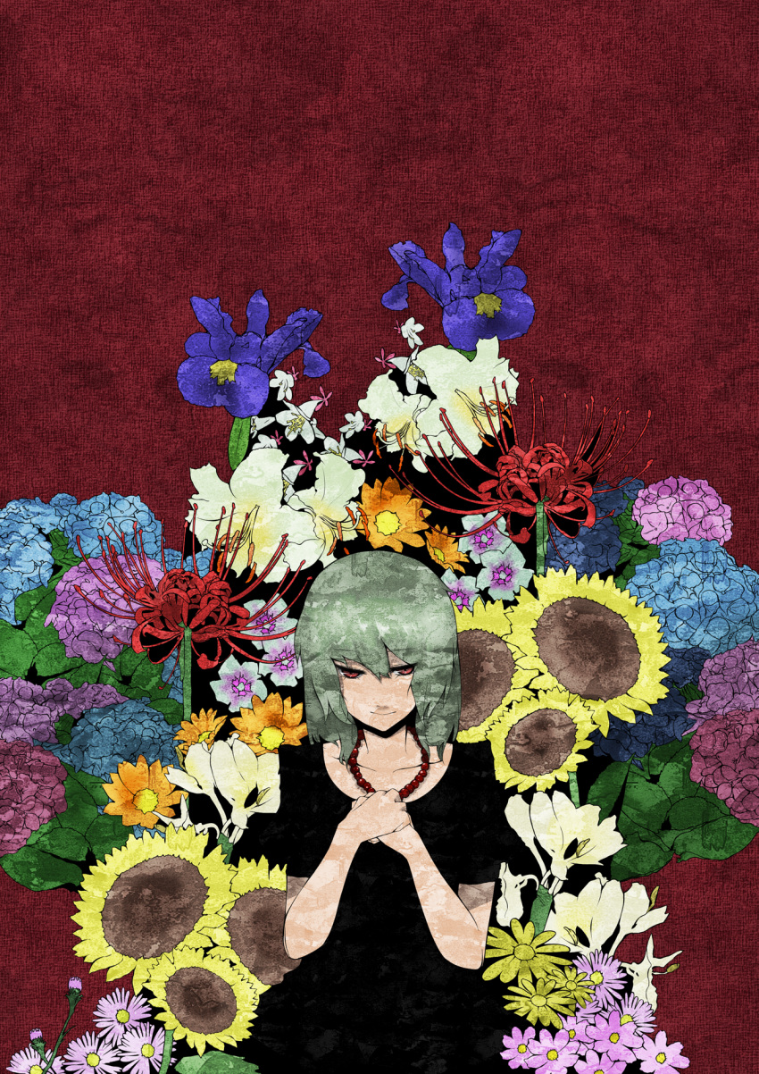 dress, flower, green_hair, hands_on_own_chest, higanbana, highres, jewelry, kazami_yuuka
