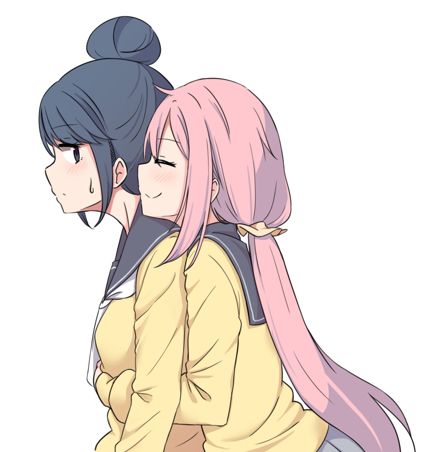 2girls, absurdres, black_hair, blush, closed_eyes, eyebrows_visible_through_hair, hair_bun, hair_ornament