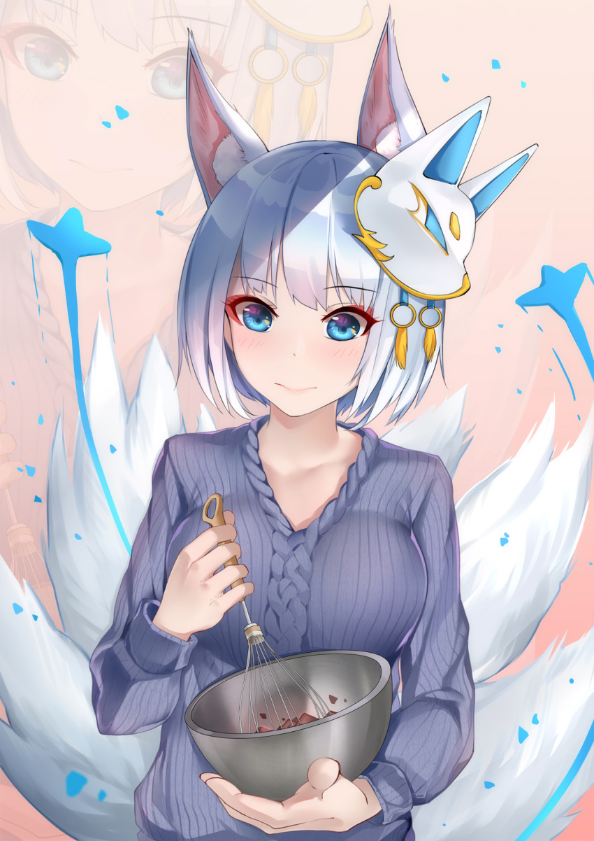 1girl, alternate_costume, animal_ears, azur_lane, bangs, blue_eyes, blush, bowl